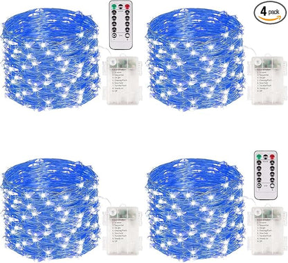 4 Pack Fairy Lights Battery Operated with Remote Timer 33FT 100LED Blue | Remote Control, 8 Modes, Timer, Adjustable brightness, Waterproof Lights for Indoor Outdoor Classroom Christmas Decor