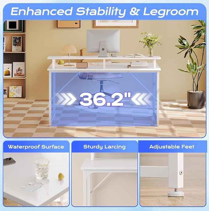 PRAISUN 40 inch Gaming Desk, LED & Outlets, Monitor Stand, Rustic Brown | Sturdy PC Desk for Home Office, Study & Work, LED Lights, 4 AC Outlets & USB-C Charging Station