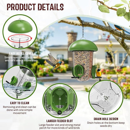 LONA Bird Feeders for Outdoors Hanging – 3 Separate Compartments, 3 Feeding Ports, Weatherproof Dome & 3 Ways to Hang, Large Capacity for Cardinals/Finches (Green，Plus
