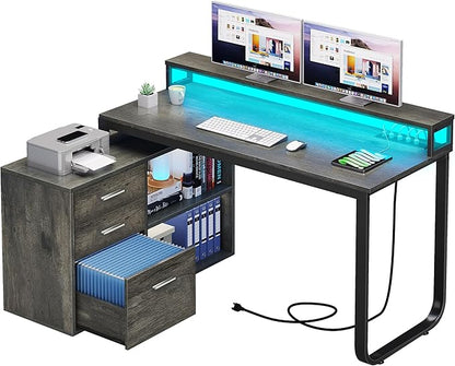 YITAHOME L Shaped Desk with Power Outlets & LED Lights & File Cabinet, 55" Corner Computer Desk with 3 Drawers and 2 Storage Shelves, Home Office Desk with Monitor Stand, Grey
