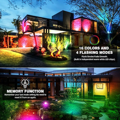 RGB+W Low Voltage Landscape Lights with Remote Control 5W 12V Landscape Lighting LED 16 Color Changing Spotlights Outdoor Waterproof Pathway Lights Garden Decorative(Not Include Transformer)