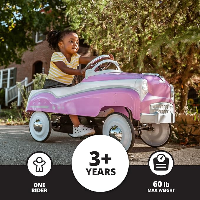Kid Trax Classic Pink Pedal Car for Girls, Ages 3-5, Durable Steel, 60lbs Max, Easy Assemble, Indoor/Outdoor Ride-On Toy, Toddler Ride-On, Vintage Style, Rubber Tires, Functional Steering