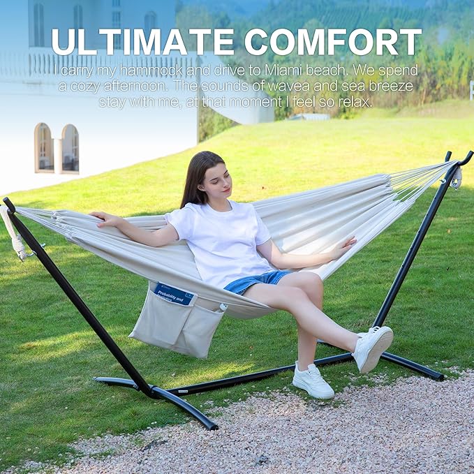 PNAEUT Double Hammocks with Stand for Outside, Portable Space Saving Heavy-Duty Steel Stand for Indoor Outdoor Patio with Carrying Bag, 450 lbs Capacity (Beige)