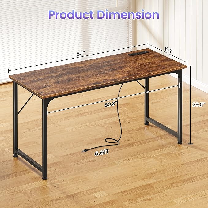 PRAISUN 55 X 20 Inch Computer Desk, Power Outlets, USB-C, Rustic Brown | Office Desk with 4 AC Outlets, USB & USB-C, Sturdy Metal Frame, Spacious Desktop for Work, Writing, Study & Gaming