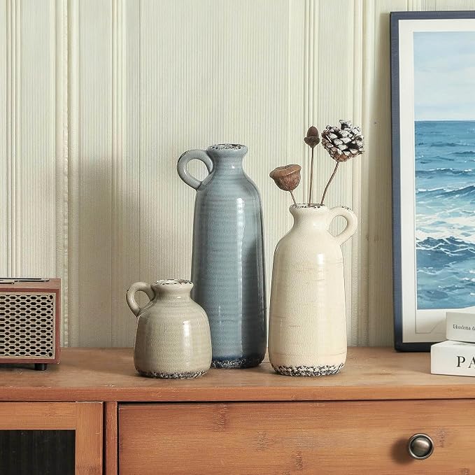 Ceramic Vases Set of 3, Neutral Rustic Farmhouse Vase with Handle, Decorative Flower Vases Home Decor Modern Boho Pampass Vase for Table Mantel Entryway Shelf Living Room Kitchen Bathroom - Ocean
