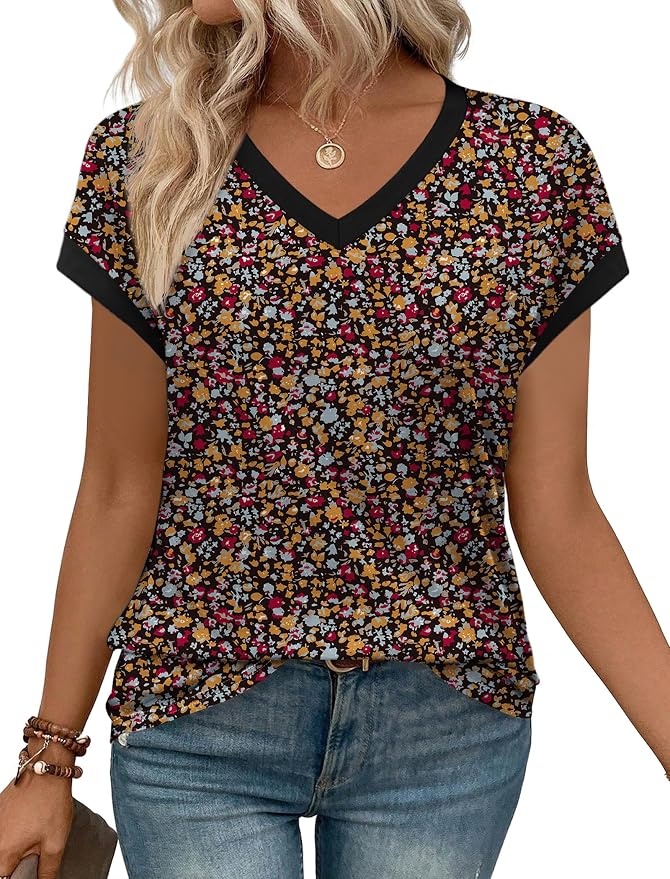 WIHOLL Womens Summer Tops 2026 Cap Short Sleeve Shirs V Neck T Shirts Fashion Beach Vacation Clothes Color Block