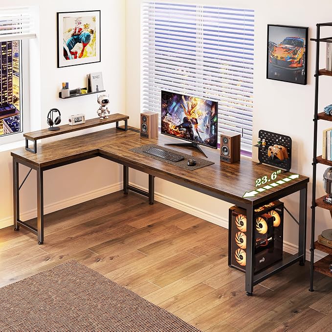 PRAISUN 61" L Shaped Computer Desk, Outlets, Monitor Stand, Rustic Brown | USB-C Ports, Reversible Charging Station, Spacious Desktop & Legroom, 0.94 Inch Thick Desktop, for Gaming, Study & Work