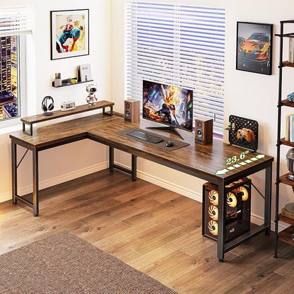 PRAISUN 61" L Shaped Computer Desk, Outlets, Monitor Stand, Rustic Brown | USB-C Ports, Reversible Charging Station, Spacious Desktop & Legroom, 0.94 Inch Thick Desktop, for Gaming, Study & Work