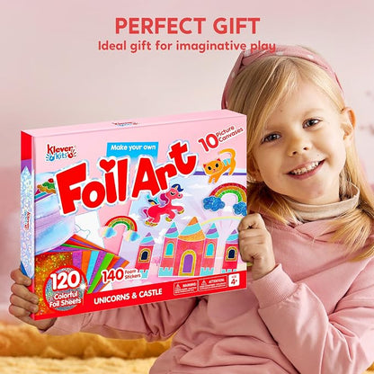 Klever Kits Foil Art Kit for Kids - Arts & Crafts Supplies, Mess Free Coloring, Foil Foam Stickers, Creative Travel Toys, Birthday Gifts for Boys & Girls Ages 4 and Up