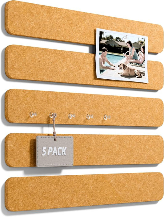 Fluxynara 13" x 2" Felt Wall Panels, Sunset Yellow | 5-Pack Cork Board Alternative with 35 Push Pins, Adhesive Mounting for Bedroom Door or Home Office