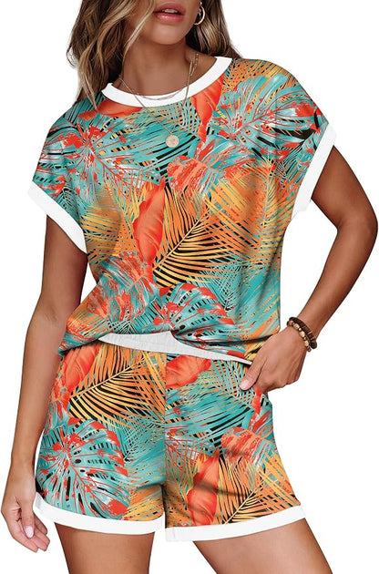 WIHOLL Two Piece Sets for Women Summer Lounge Short Sets Cap Sleeve Crew Neck Sweatsuit with Pocket XS-2XL