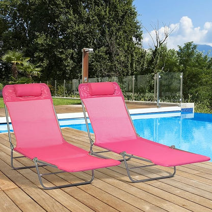 Outsunny 2 Piece Folding Chaise Lounge Chairs, Pool Sun Tanning Chairs with Reclining Back, Breathable Mesh Seat, Headrest for Beach, Yard, Patio, Pink