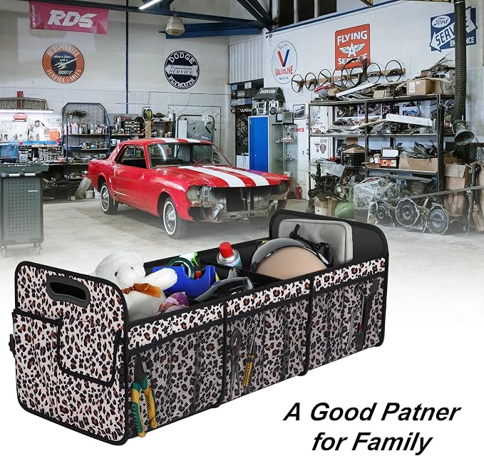 Femuar Collapsible Trunk Organizer - 90L Large Capacity with 15 Pockets, Waterproof for SUV/Car/Jeep/Sedan, Extra Large Leopard Print
