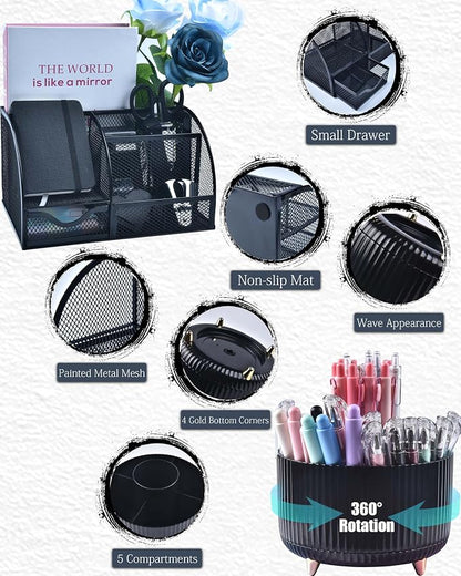 LXEVIHK 20Pcs Black Desk Organizers and Accessories With Mesh Desk Organizer and 360°Rotating Pen Holder and a Lot of Office Black Office Supplies Beautifully Presented in a Gift Box
