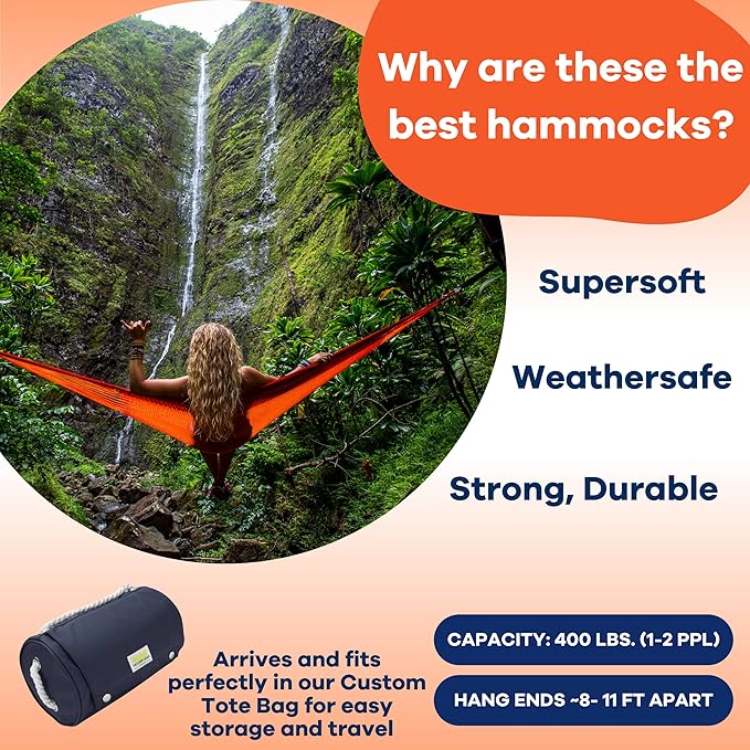 Handwoven Hammock by Yellow Leaf Hammocks - Double Size, Fits 1-2 PPL, 400lb max - Weathersafe, Super Strong, Easy to Hang, Ultra Soft, Artisan Made - Color: Red - Orange