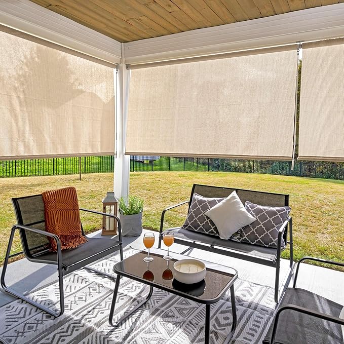 Coolaroo Outdoor Roller Shade with Wand - 80% UV Block Breathable Light Filtering Shade for Patio or Porch, Fade-Resistant, Easy-Clean Fabric, 8ft x 6ft, Sesame