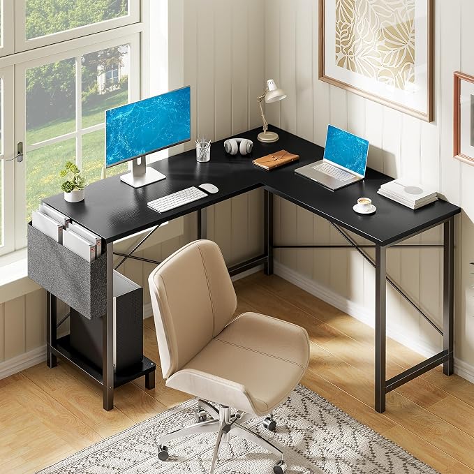 Alpen L Shaped Desk, 50 Inch Computer Desk, Gaming Table Corner Desk for Small Space, Home Office Desk with CPU Stand and Side Storage Bag, Sturdy Writing Workstation for Bedroom, Black