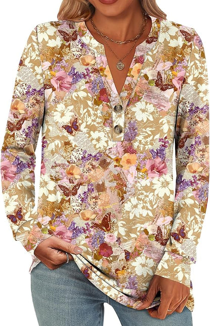 ANRABESS Women's Long Sleeve Shirts 2026 Spring Fashion Dressy Casual Tops Trendy Henley Blouses Cute Work Outfits Clothes