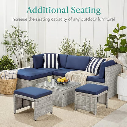 Best Choice Products Set of 2 Wicker Ottomans, Multipurpose Outdoor Furniture for Patio, Backyard, Additional Seating, Footrest, Side Table w/Removable Cushions, Steel Frame - Ivory/Natural