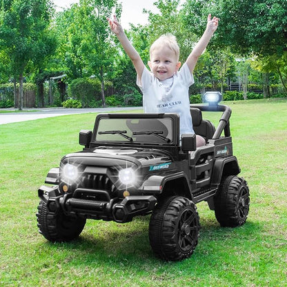 Costzon 12V Kids Ride on Truck Car, Electric Vehicle w/Remote Control, Threaded Wheels, 3 Speeds, LED Lights, Music, Horn & Wireless Connection, Battery Powered Ride on Toy for Boys & Girls 3+ (Black)