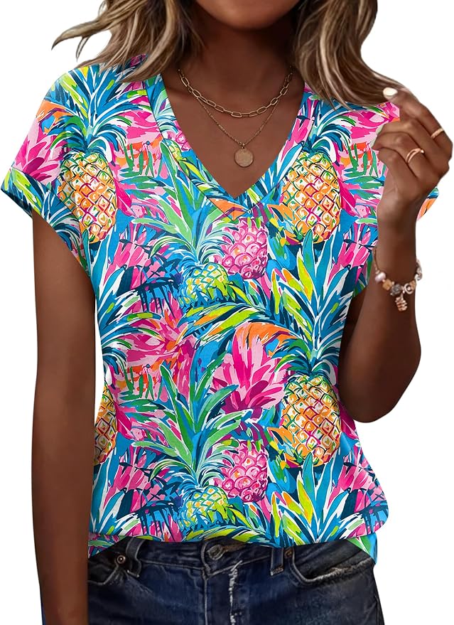 Rapbin Womens Summer Tops Women Blouses Dressy Casual V Neck T Shirts Short Sleeve Spring Tops for Women