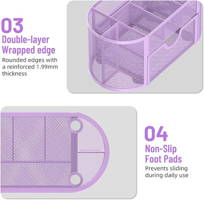 Mesh Desk Organizer with Drawer, 9-Compartment Pen Holder for Desk, Purple | Pull-Out Drawer Stores Pens, Pencils, Clips, Notes, and Small Office or School Supplies in One Compact Desk Caddy