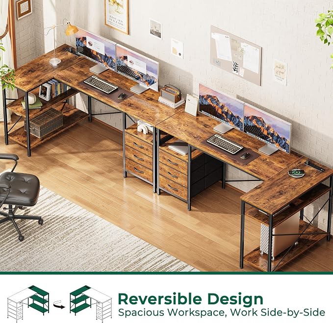Huuger L Shaped Office Desk with Power Outlets, 55 Inch Computer Desk with 3 Drawers, Shelves, Reverisble for Gaming Corner Work Home Office Study, Rustic Brown