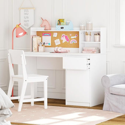 UTEX Wooden Kids Desk and Chair Set with Hutch and Storage for Ages 5-12 | Kids Study Table with Cork Bulletin Board, School Desk, Multi-Zone Storage, Water-based Paint Finish for Study Room