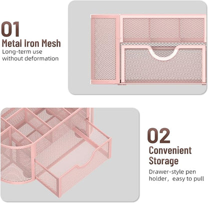 Mesh Desk Organizer with Drawer, 9-Compartment Pen Holder for Desk, Pink | Pull-Out Drawer Stores Pens, Pencils, Clips, Notes, and Small Office or School Supplies in One Compact Desk Caddy