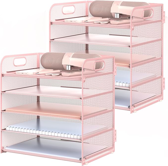 2 Pack Letter Tray 5-Tier Desk Organizer File Paper Holder with Handle, Metal Desktop Document Shelf Tray Office Classroom Organization - Pink