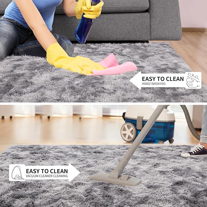 Tepook Fluffy Large Rugs for Living Room, Area Rug 6x9 Soft Carpet for Bedroom, Modern Shaggy Rug for Kids Boys Girls, Plush Indoor Nursery Home Decor Rug with Non-Slip Bottom, Tie-dye Light Grey