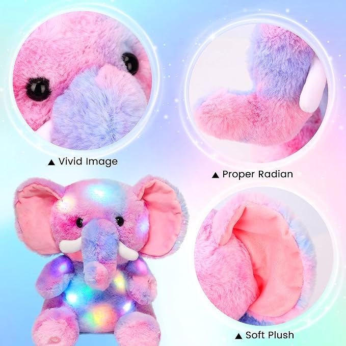 Hopearl LED Plush Elephant Colorful Lighting Up Stuffed Animal Elephish Floppy Night Lights Glow in The Dark Birthday Festival for Kids Toddler Girls, Rainbow, 11''