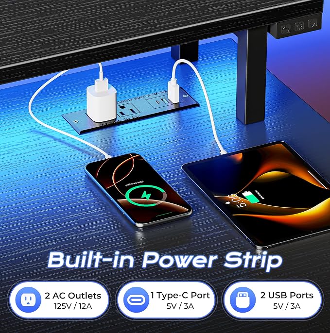 PRAISUN 40 inch Gaming Desk, LED & Power Outlets, Monitor Stand, Black | Sturdy PC Desk for Home Office, Study & Work, LED Lights, 4 AC Outlets & USB-C Charging Station