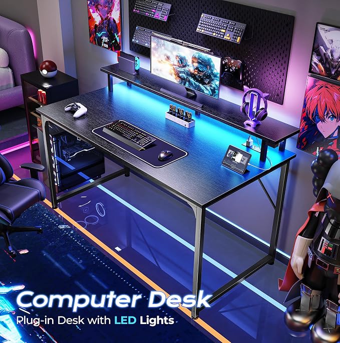 PRAISUN 40 inch Gaming Desk, LED & Power Outlets, Monitor Stand, Black | Sturdy PC Desk for Home Office, Study & Work, LED Lights, 4 AC Outlets & USB-C Charging Station