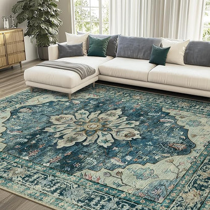 RELEANY Area Rugs 6'x9' Washable Non-Slip, Floral Vintage Distress Medallion Carpet for Living Room Bedroom Dining Room, Dark Blue Vintage