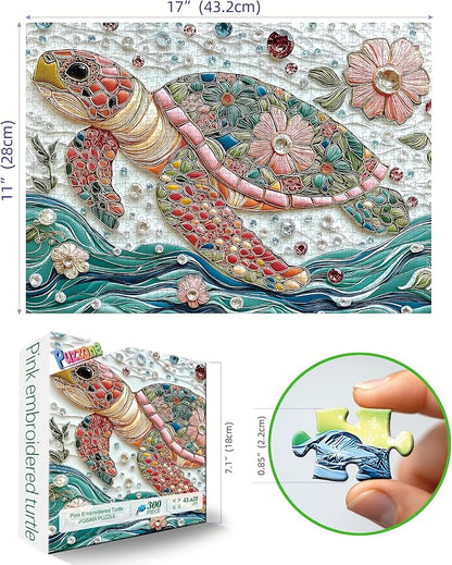 300 Piece Jigsaw Puzzle for Adults Mosaic Sea Turtle Mbroidery with Vibrant Gem & Floral Details Puzzle Colorful Beautiful Underwater Sea Puzzle with Letters on Back Ideal for Seniors &Game Nights