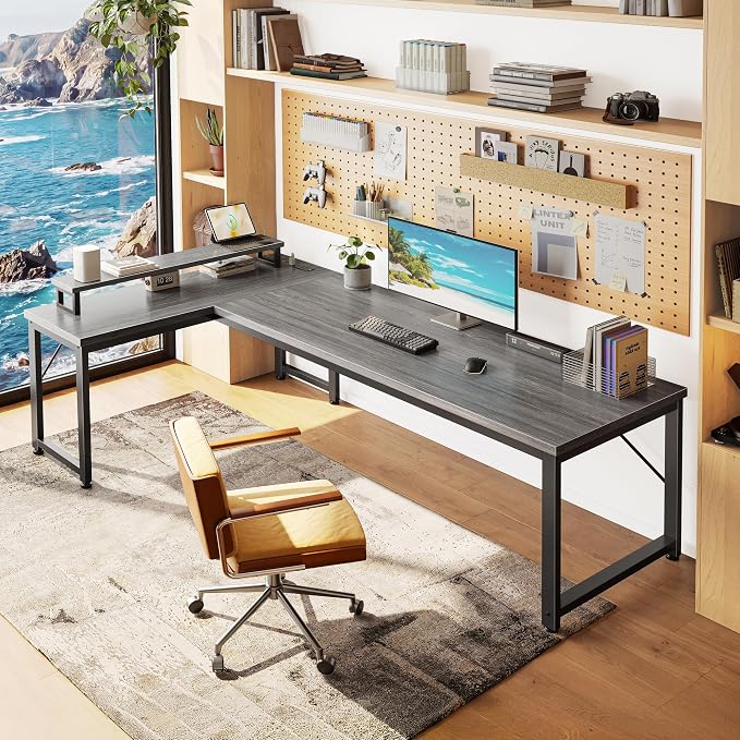 PRAISUN 61" L Shaped Computer Desk, Power Outlets, Monitor Stand, Grey | USB-C Ports, Reversible Charging Station, Spacious Desktop & Legroom, 0.94 Inch Thick Desktop, for Gaming, Study & Work
