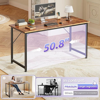 PRAISUN 55 X 20 Inch Computer Desk, Power Outlets, USB-C, Rustic Brown | Office Desk with 4 AC Outlets, USB & USB-C, Sturdy Metal Frame, Spacious Desktop for Work, Writing, Study & Gaming