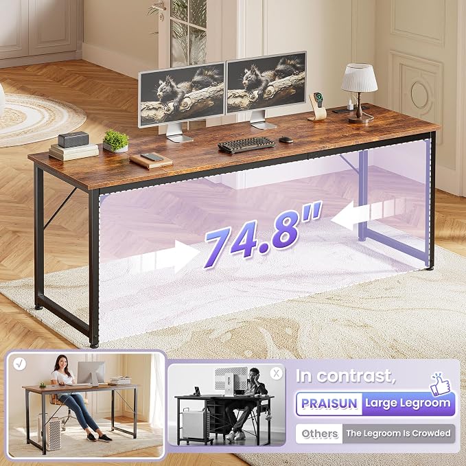 PRAISUN 80 X 24 Inch Computer Desk, Power Outlets, USB-C, Rustic Brown | Office Desk with 4 AC Outlets, USB & USB-C, Sturdy Metal Frame, Spacious Desktop for Work, Writing, Study & Gaming