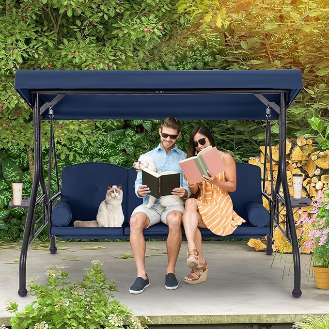HOMREST 3 Seat Outdoor Porch Swing with Adjustable Canopy, Convertible Patio Swing Bed with Stand, Patio Glider Swing with Upgraded Cup Holder, Thicken Cushions ＆ Pillow for Backyard (Blue)