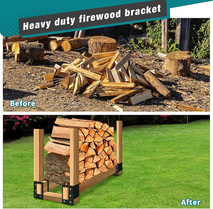Firewood Log Storage Rack Bracket 8 Pack,Fireplace Wood Storage Holder,Indoor Outdoor Adjustable Heavy Duty Powder Coated Steel Holder with Wood Screws