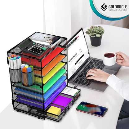 8 Tier Paper Letter Tray Organizer (Black-with Drawer,Pen Holders) | Mesh Desk File Holder Storage Organization for Home School Classroom & Office