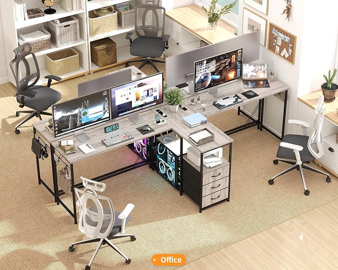 YOSHOOT 2 Person Computer Desk, 87" Long Gaming Desk for 2 People | Double Desk with 3 Fabric Drawers and 2 Power Outlets, Home Office Table for Adults and Teenagers, Grey