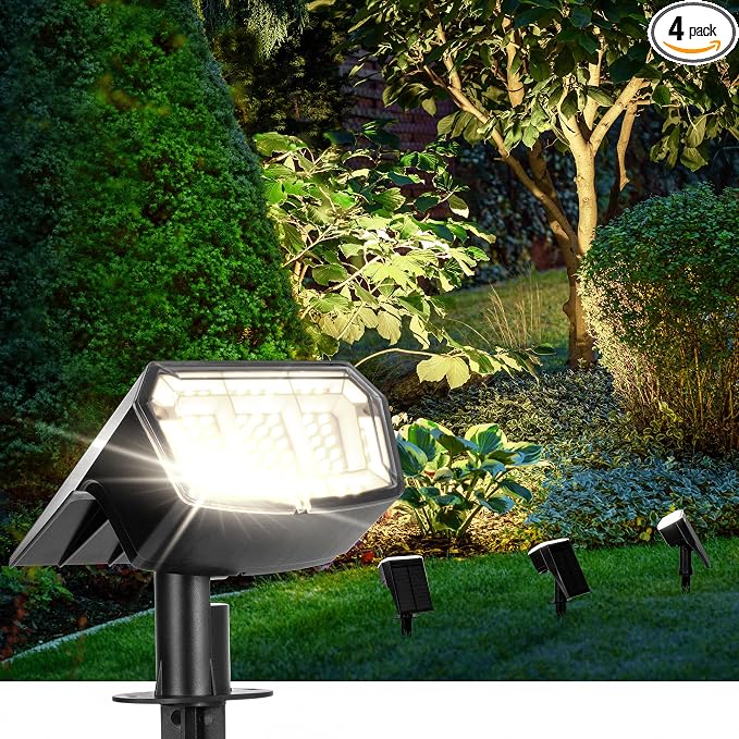 AUDERWIN Solar Spot Lights Outdoor 63 LED 3 Lighting,Waterproof IP65 Modes Spotlights for Outside House Yard Garden Landscape Lights 4 Pack (Natural Light)