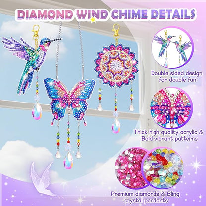 Crafts for Girls 8-12, Diamond Art Kits for Girls Ages 10-12, 3 PCS Diamond Art, DIY Suncatchers & Wind Chime Kits for Kids, Great Arts & Crafts Birthday Gift, Pretty Home/Garden/Backpack décor