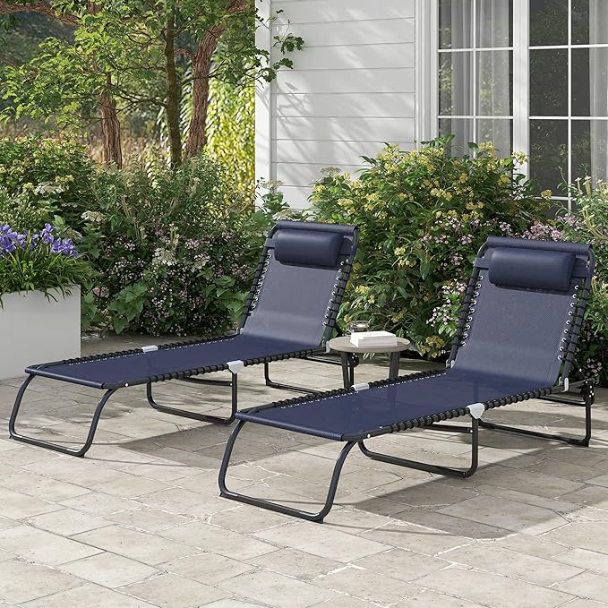 Outsunny Folding Chaise Lounge Chair Set of 2, Patio Sun Tanning Chair, Outdoor Chaise Lounger with 4-Position Reclining Back, Breathable Mesh Seat for Beach, Poolside, Dark Blue