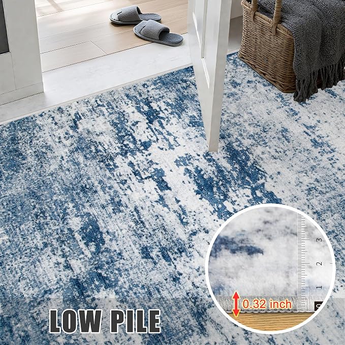 Washable Area Rug 3x10 Entryway Rug: Washable Modern Abstract Soft Thin Rug Indoor Floor No Slip Stain Resistant Carpet for Bedroom Dining Room Farmhouse Nursery Home Office - Blue