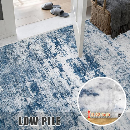 Washable Area Rug 3x10 Entryway Rug: Washable Modern Abstract Soft Thin Rug Indoor Floor No Slip Stain Resistant Carpet for Bedroom Dining Room Farmhouse Nursery Home Office - Blue