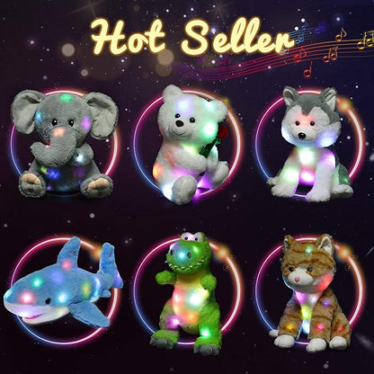 Hopearl LED Musical T-Rex Stuffed Dinosaur Lighting Up Singing Plush Toy Adjustable Volume Lullaby Animated Soothe Birthday Festival for Kids Toddler Girls, Green, 12.5''