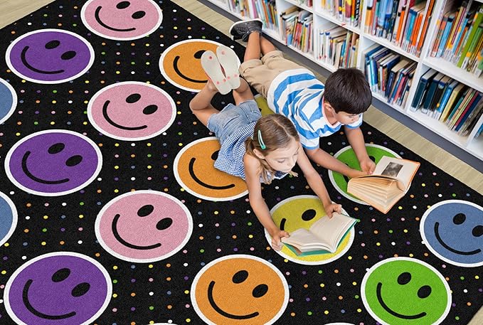 Flagship Carpets Smiley Seating (Seats 20) Classroom Area Rug or Educational Learning Mat, Kids Room or Playroom Carpet, 6' x 8'4", Black/Multi